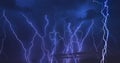 Thunder storm lightning strike on the dark cloudy sky background at night. Royalty Free Stock Photo