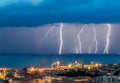 Thunder storm lightning strike on the sea  background at night Royalty Free Stock Photo