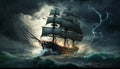 Thunder striking on a sea with ship black pearl