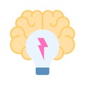 Thunderbolt inside lightbulb with human brain, flat concept icon of brainstorming Royalty Free Stock Photo