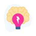 Thunderbolt inside lightbulb with human brain, flat concept icon of brainstorming Royalty Free Stock Photo