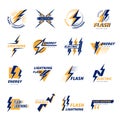 Thunderbolt logo. Power badges with force thunderbolts symbols recent vector electricity danger icons with text