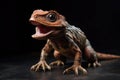 A thunderous baby Trex taking its first steps eyes blazing and teeth d.. AI generation