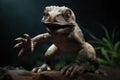 A thunderous baby Trex taking its first steps eyes blazing and teeth d.. AI generation