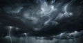 Thunderous dark sky with black clouds and flashing lightning. Panoramic view. Concept on the theme of weather, natural disasters, Royalty Free Stock Photo