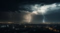 Thunderous dark sky with black clouds and flashing lightning, weather, natural disasters