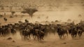 A thunderous herd of stampeding wildebeest charging across an open plain raising up dust behind them created with Generative AI