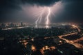 Thunderous lightning storm over a bustling cityscape