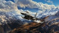 Thunderous skies fighter jet soaring over majestic mountains Royalty Free Stock Photo