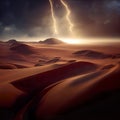 Desert storm. Majestic thunder and lightning unleashed upon the sand. AI-generated