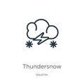 Thundersnow icon. Thin linear thundersnow outline icon isolated on white background from weather collection. Line vector sign, Royalty Free Stock Photo