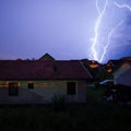 Thunderstorm above rooftops with lightning, extreme weather conditions during night, discharge of static electricity in the