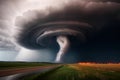 Thunderstorm big clouds with lightning and tornado in the field. Generative AI Royalty Free Stock Photo