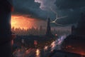 Thunderstorm in the city. Beautiful illustration picture. Generative AI