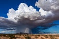 Thunderstorm cloud with rainbow and heavy rain. Royalty Free Stock Photo