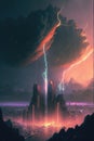 A thunderstorm of color over a city, pale colors, cinematic, ultra-realistic