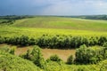 Thunderstorm and dark thunderstorm clouds over the field and the river. Royalty Free Stock Photo