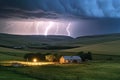 Thunderstorm on the horizon and farmhouse in foreground.