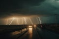Thunderstorm lighting road. Generate Ai Royalty Free Stock Photo