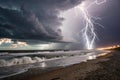 Thunderstorm and Lightning on the Beach at Night Royalty Free Stock Photo