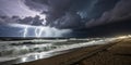 Thunderstorm and Lightning on the Beach at Night Royalty Free Stock Photo