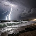 Thunderstorm and Lightning on the Beach at Night Royalty Free Stock Photo