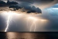 Thunderstorm with lightning bolt strikes over the water Royalty Free Stock Photo