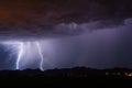 Thunderstorm lightning bolt strikes and stormy sky