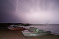 Thunderstorm with lightning on the lake. Royalty Free Stock Photo