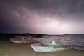 Thunderstorm with lightning on the lake. Royalty Free Stock Photo