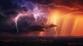 Thunderstorm and lightning over the city at sunset. Generative AI.