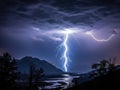 Thunderstorm lightning over mountain lake isolated on white background Royalty Free Stock Photo