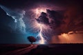 thunderstorm with lightning strike, illuminating forest scene