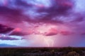 Thunderstorm with lightning and sunset sky. Royalty Free Stock Photo