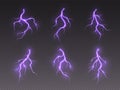 Thunderstorm lightning, thunderbolt strike, realistic electric zipper, energy flash light effect, purple lightning bolt Royalty Free Stock Photo