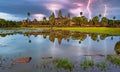 Thunderstorm and lightnings at Angkor Wat temple at sunset. Siem Reap. Cambodia Royalty Free Stock Photo