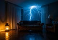 Thunderstorm Night: Lightning and Lantern in Living Room Royalty Free Stock Photo