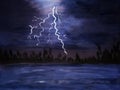 Thunderstorm in the night sky over the lake. Illustration. Gouache drawing.