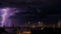 Thunderstorm over the city at night. Lightning strikes and purple skies. Generative AI Royalty Free Stock Photo