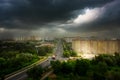 Thunderstorm over the city of Ryazan, Russia. Great thunderstom, light from sky on urban view