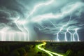 Thunderstorm over the forest at night. Colorful illustration