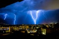 Thunderstorm over little city lightning strike Royalty Free Stock Photo