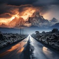 thunderstorm over the mountains with a road straight ahead to these mountains