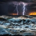 Thunderstorm Over Ocean: Dramatic Lightning and Turbulent Waves at Dusk Royalty Free Stock Photo