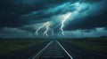 Thunderstorm over railway tracks with dramatic lightning, powerful nature and weather concept