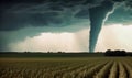 Thunderstorm raging in the wheat field. Tornado column moving by the farmlands. Generative AI