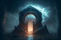 Thunderstorm round portal gateway to another world. Clouds in sky above gate, a glowing passage through the arch. 3d illustration