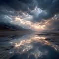 Thunderstorm sky reflecting in calm desert lake at dusk Royalty Free Stock Photo