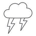 Thunderstorm thin line icon, weather and forecast, storm sign, vector graphics, a linear pattern on a white background. Royalty Free Stock Photo