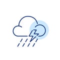 Thunderstorm weather forecast icon. Cloud with lightning and heavy rain. Pixel perfect, editable stroke design